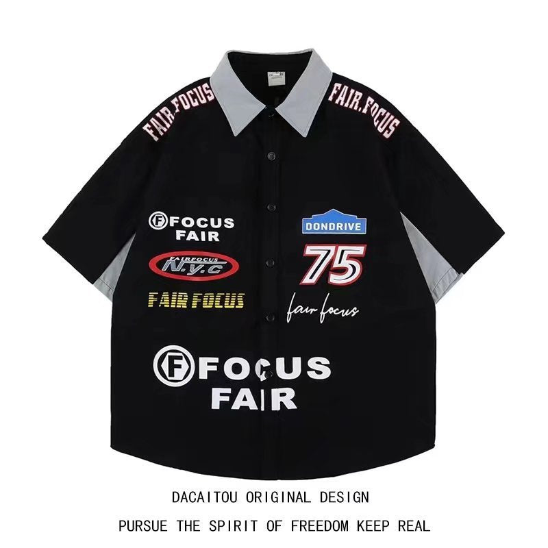 American Retro Heavy Industry Color Matching Racing Style Short Sleeve Shirt