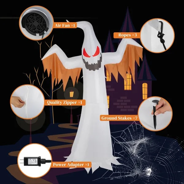 12ft 4pcs LED Lights Giant Scary Ghost Flames And Flashing Red Eyes Inflatable Halloween Decoration