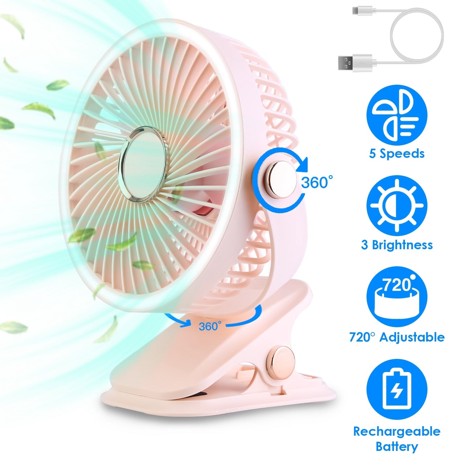 3 Color Options -- 1Pc Portable Quiet Clip On Fan With 5 Speeds 3 Brightness 720 Degree Fully Adjustable Angle Type-C Rechargeable Clip Desk Wall Mounted Fan For Camping Office Home Dorm Stroller Car