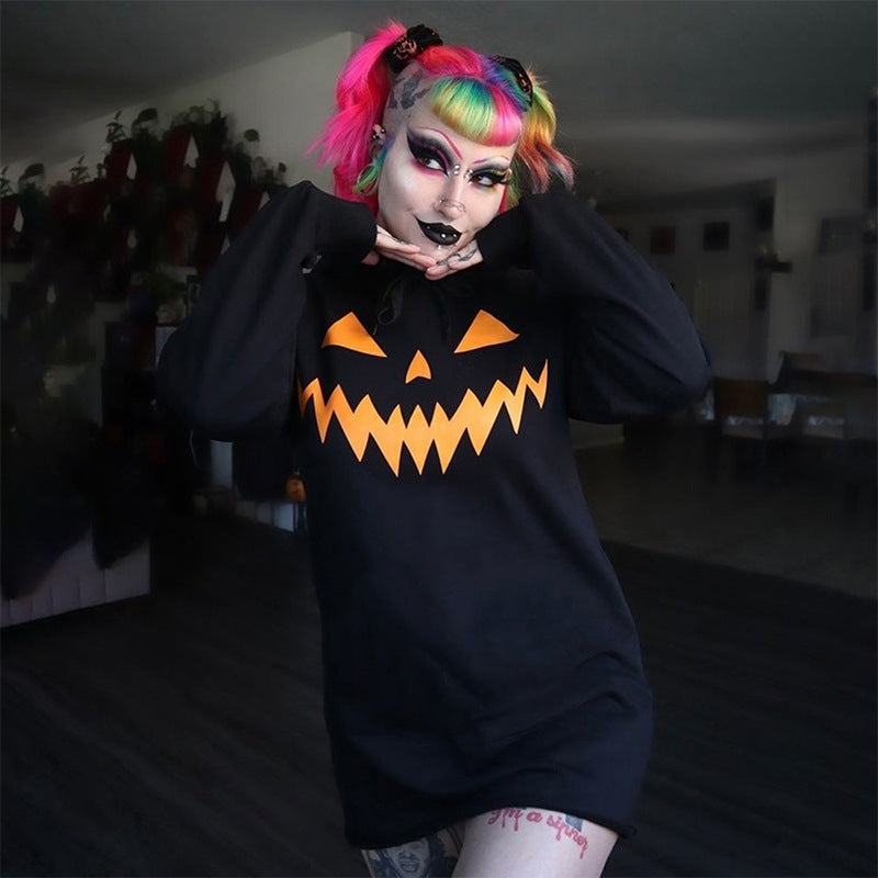 Halloween Costume Pumpkin Print Long Sleeve Hoodie Dress