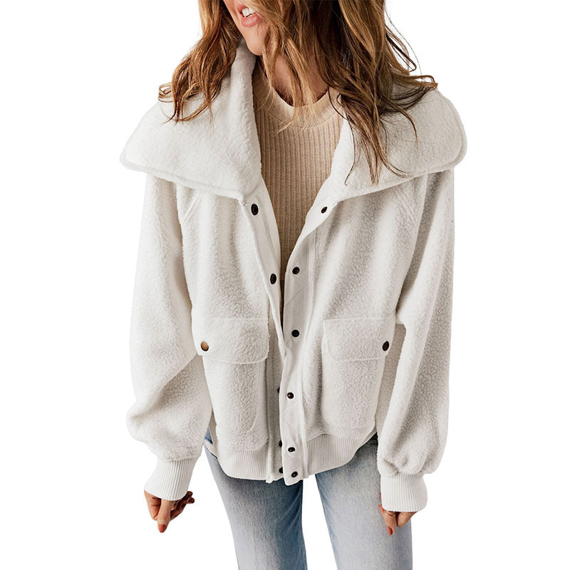 Casual Cardigan Breasted Jacket Women's Warm Plush Long Sleeve Jacket