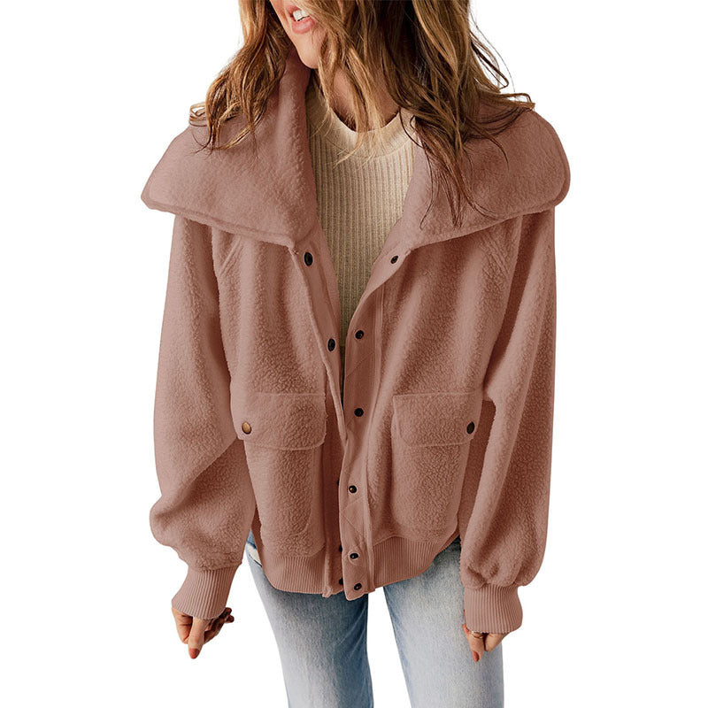 Casual Cardigan Breasted Jacket Women's Warm Plush Long Sleeve Jacket