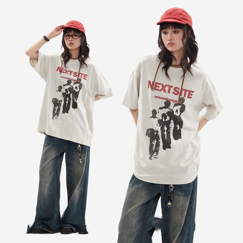 Character Abstract Graphic Print Crew Neck Short Sleeve