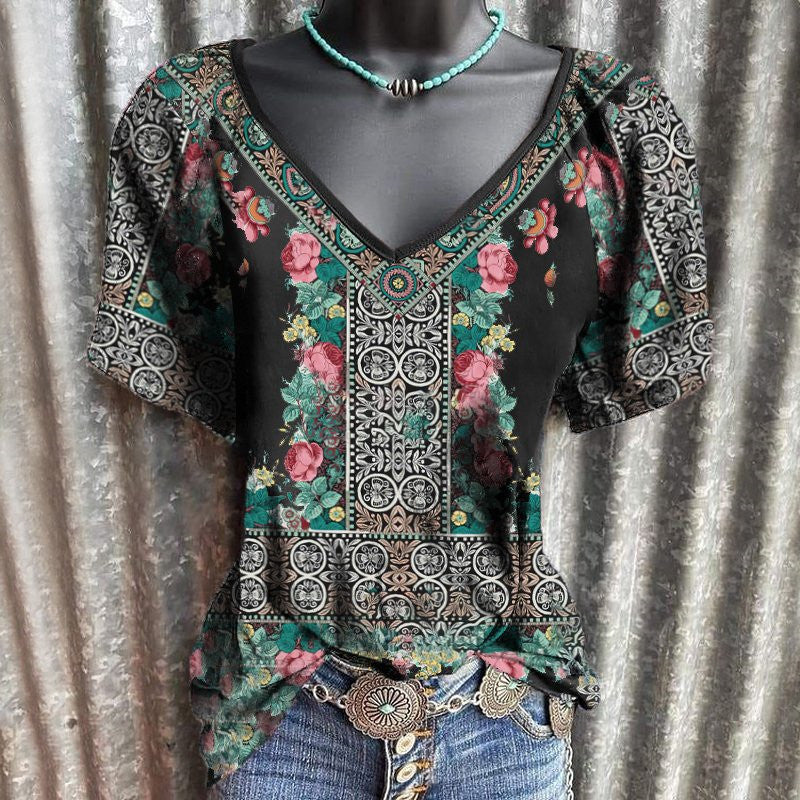 Women's Bohemian Print V-Neck Casual Short Sleeve T-Shirt