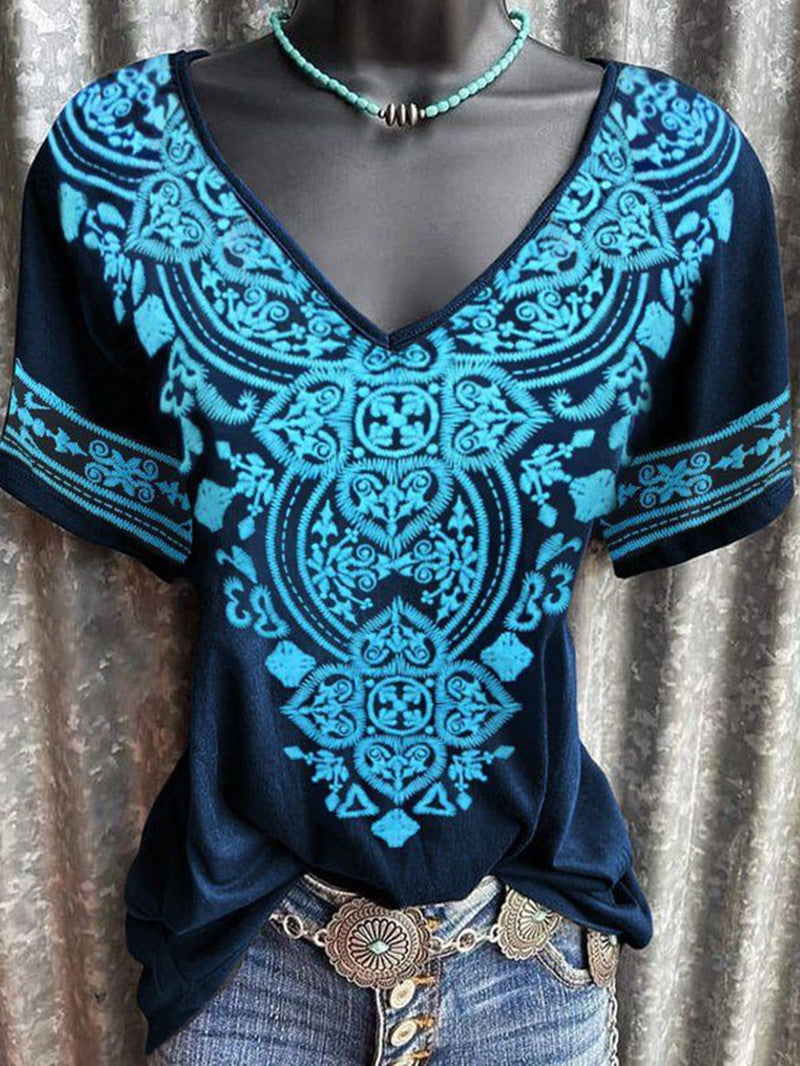 Women's Bohemian Print V-Neck Casual Short Sleeve T-Shirt