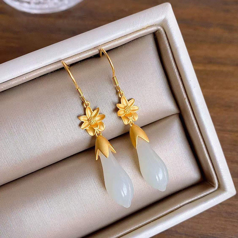 S925 Sterling Silver Style Magnolia Hetian White Jade Earrings Elegant Hanfu Earrings