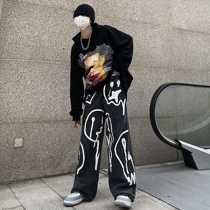 High Street Graffiti Print Wide-Leg Pants