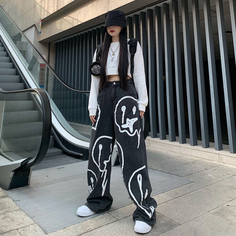 High Street Graffiti Print Wide-Leg Pants