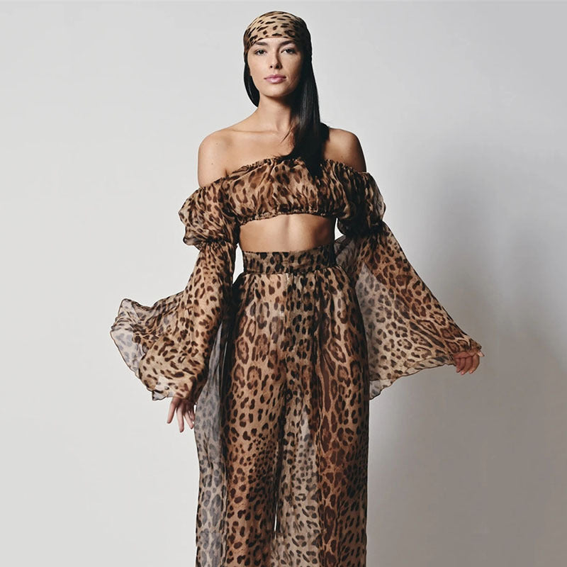 Sexy See-Through Leopard Print Backless Tube Top Two-Piece Suit