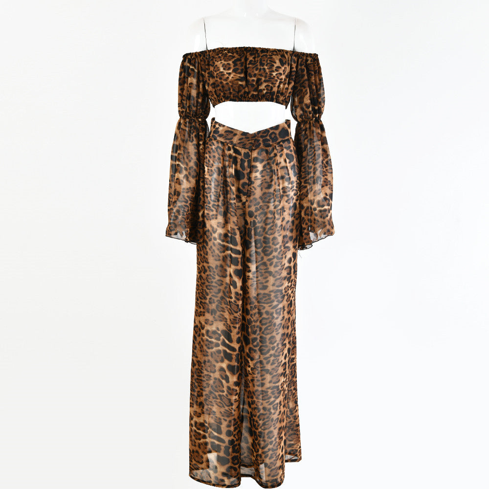 Sexy See-Through Leopard Print Backless Tube Top Two-Piece Suit