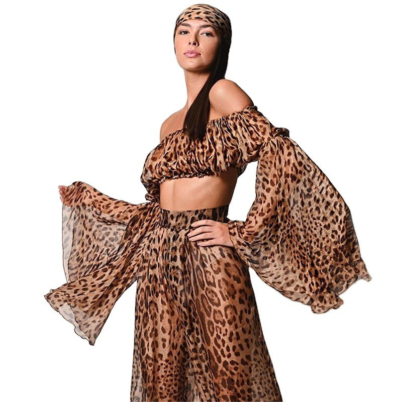 Sexy See-Through Leopard Print Backless Tube Top Two-Piece Suit