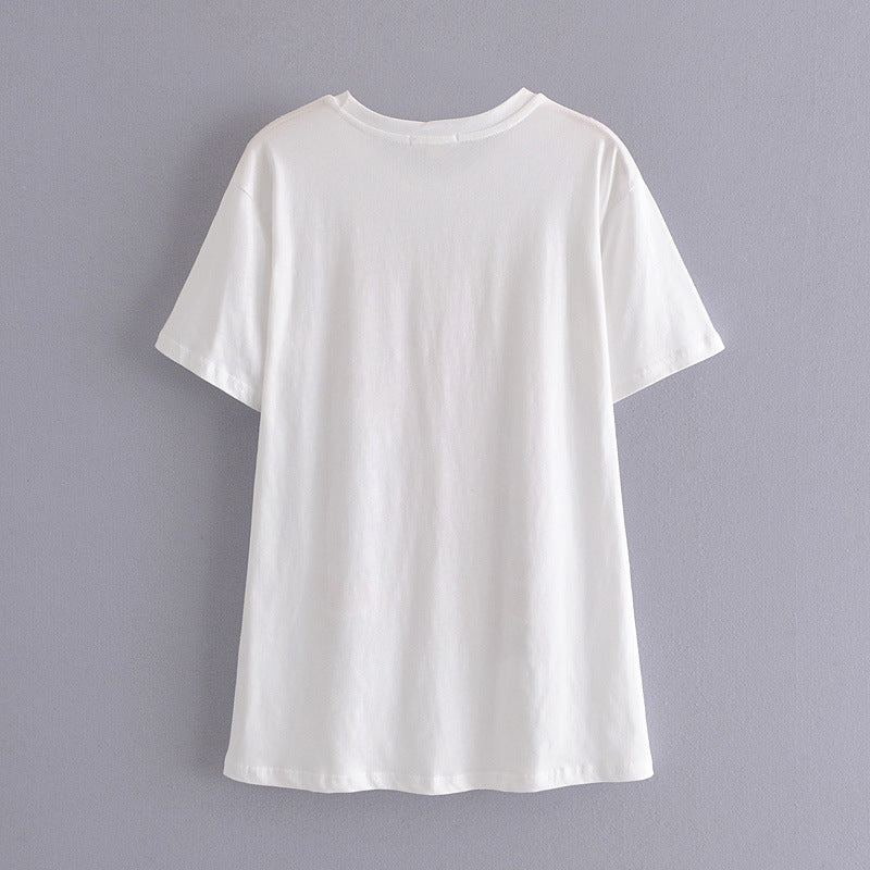 Street Style Retro Mid length Short  Sleeved Top