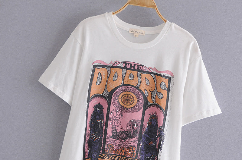 Street Style Retro Mid length Short  Sleeved Top