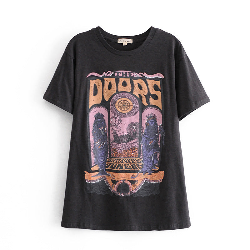 Street Style Retro Mid length Short  Sleeved Top