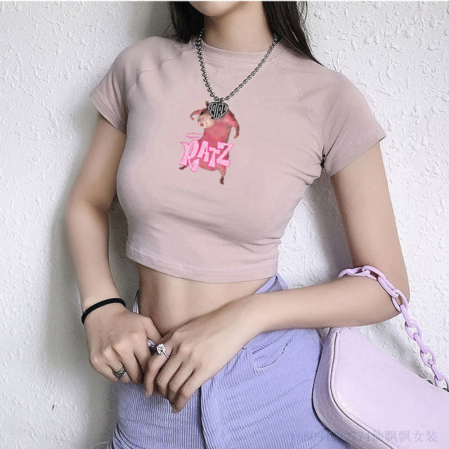 Cartoons Cottom Women Tee Pink Harajuku Short Sleeve Funny