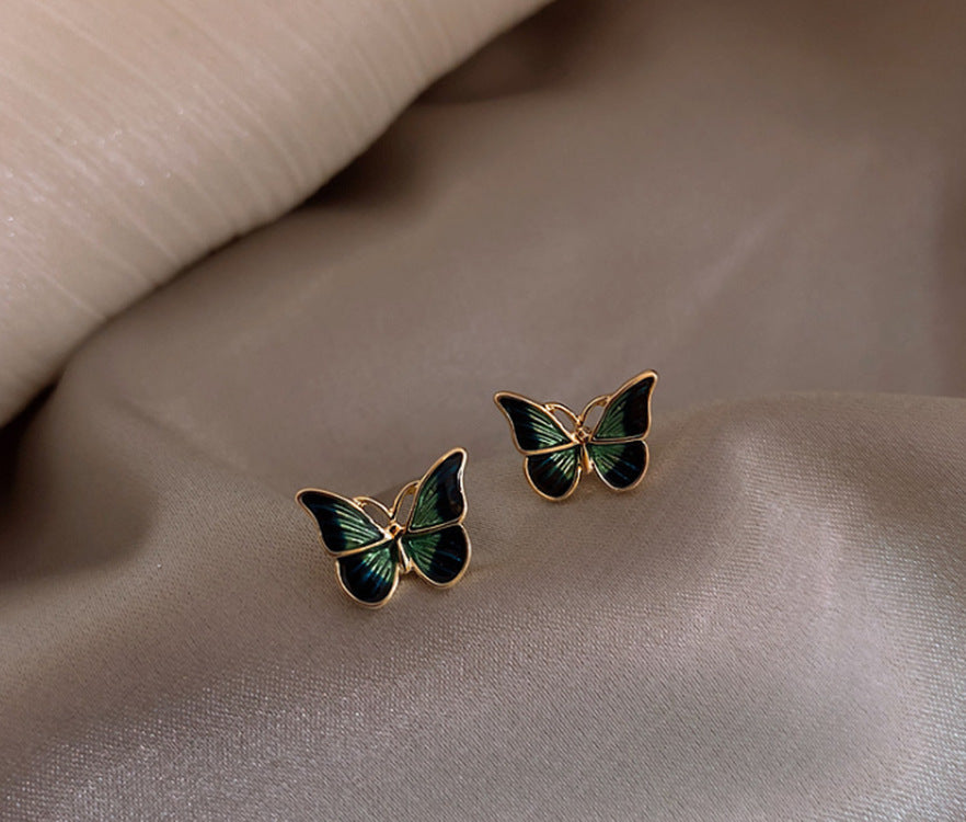 Silver Needle Green Butterfly Earrings