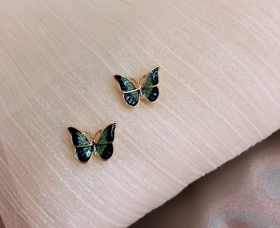 Silver Needle Green Butterfly Earrings