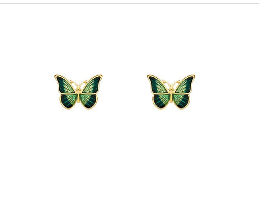 Silver Needle Green Butterfly Earrings