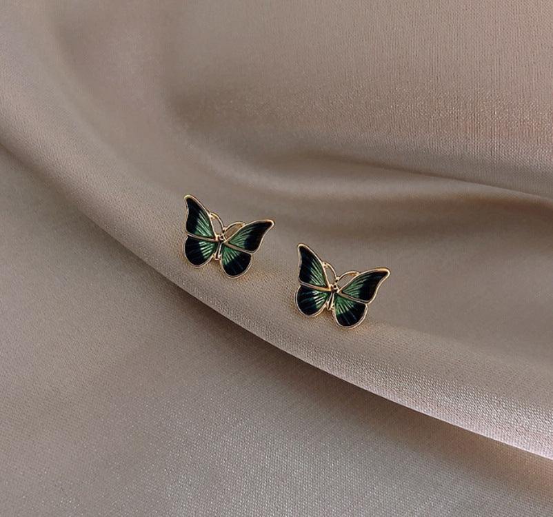 Silver Needle Green Butterfly Earrings