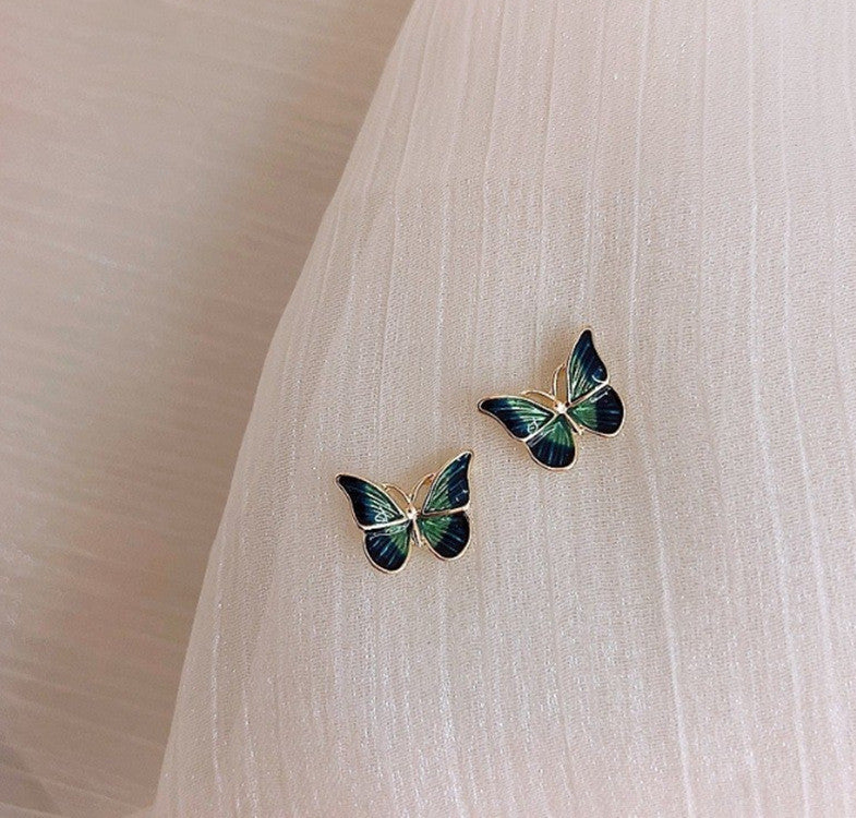 Silver Needle Green Butterfly Earrings