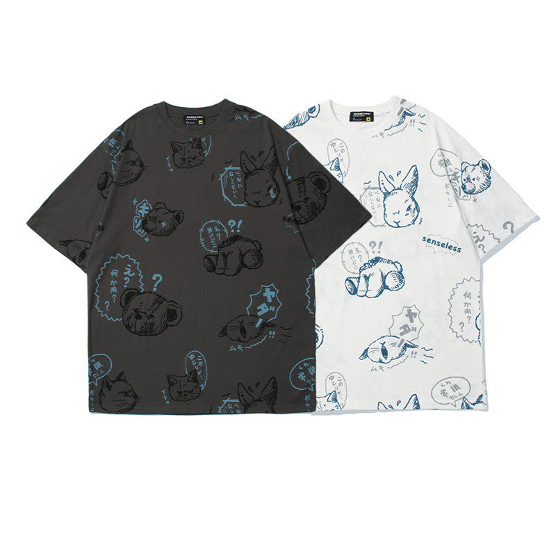 Japanese Retro Cartoon Print Short-sleeved T-Shirt Men's Street Fashion Street