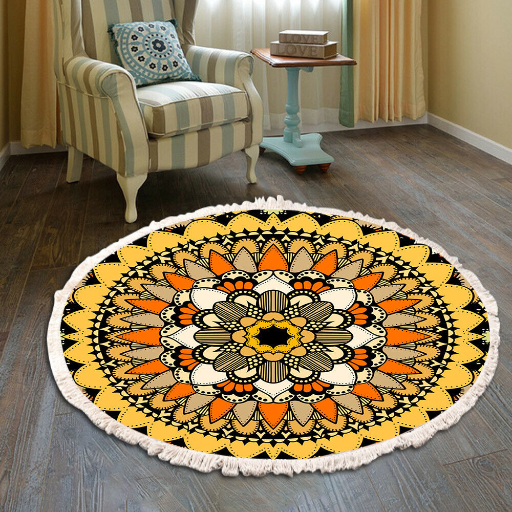 Cotton Linen Vintage Bedroom Fringe Print Round Rug