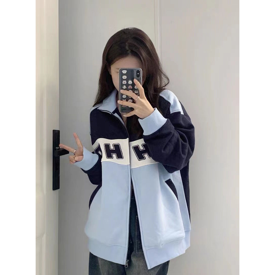 American Retro Contrast Color Sweatshirt Women's Spring And Autumn Fleece Thick Loose