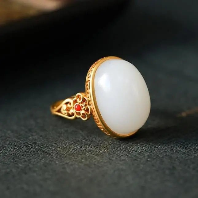 Hetian White Jade Oval Ring Gilding