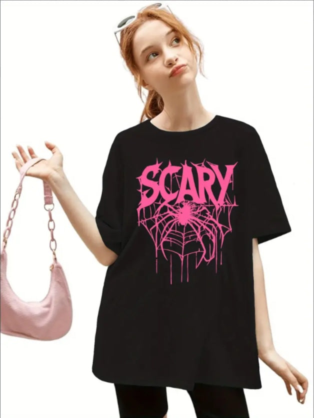 Girls' Summer Spider Web Graphic Tee - Comfy Round Neck, Machine Washable