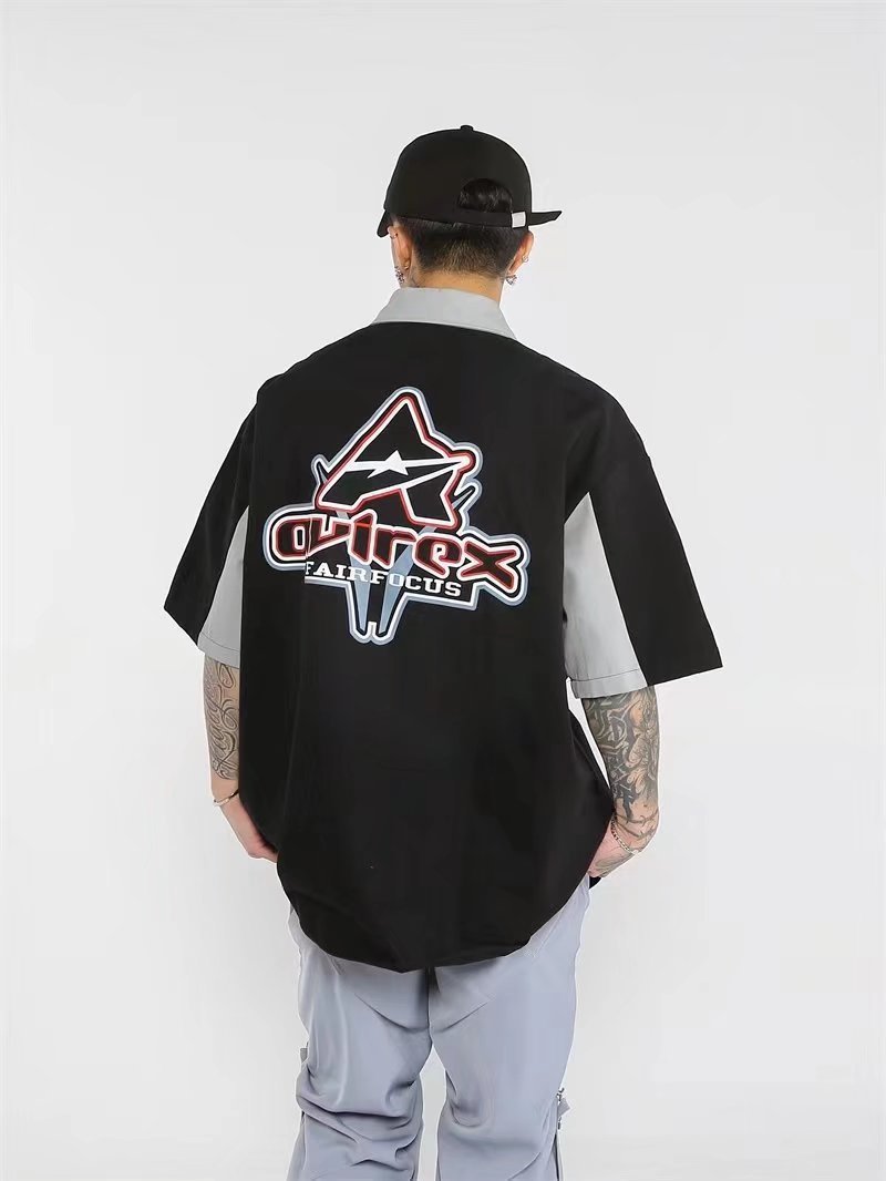 American Retro Heavy Industry Color Matching Racing Style Short Sleeve Shirt