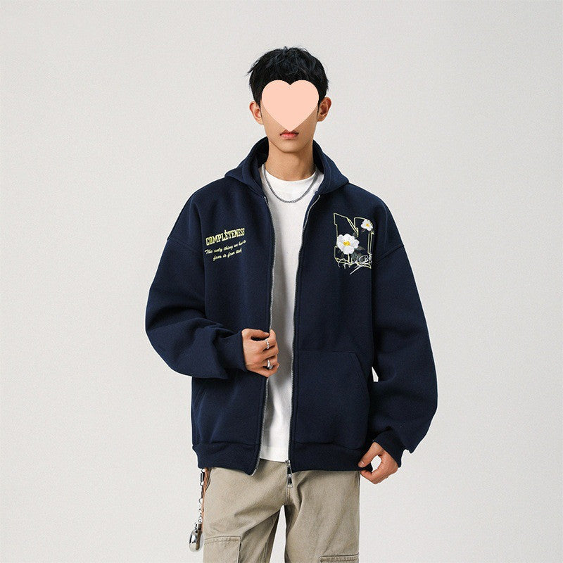 Embroidery Cardigan Hooded Sweatshirt Men's Coat