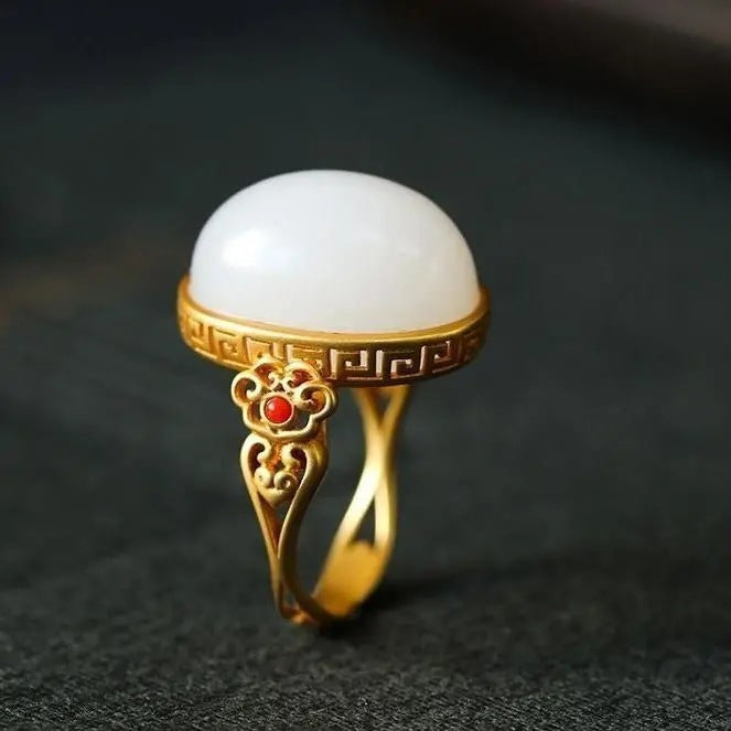 Hetian White Jade Oval Ring Gilding