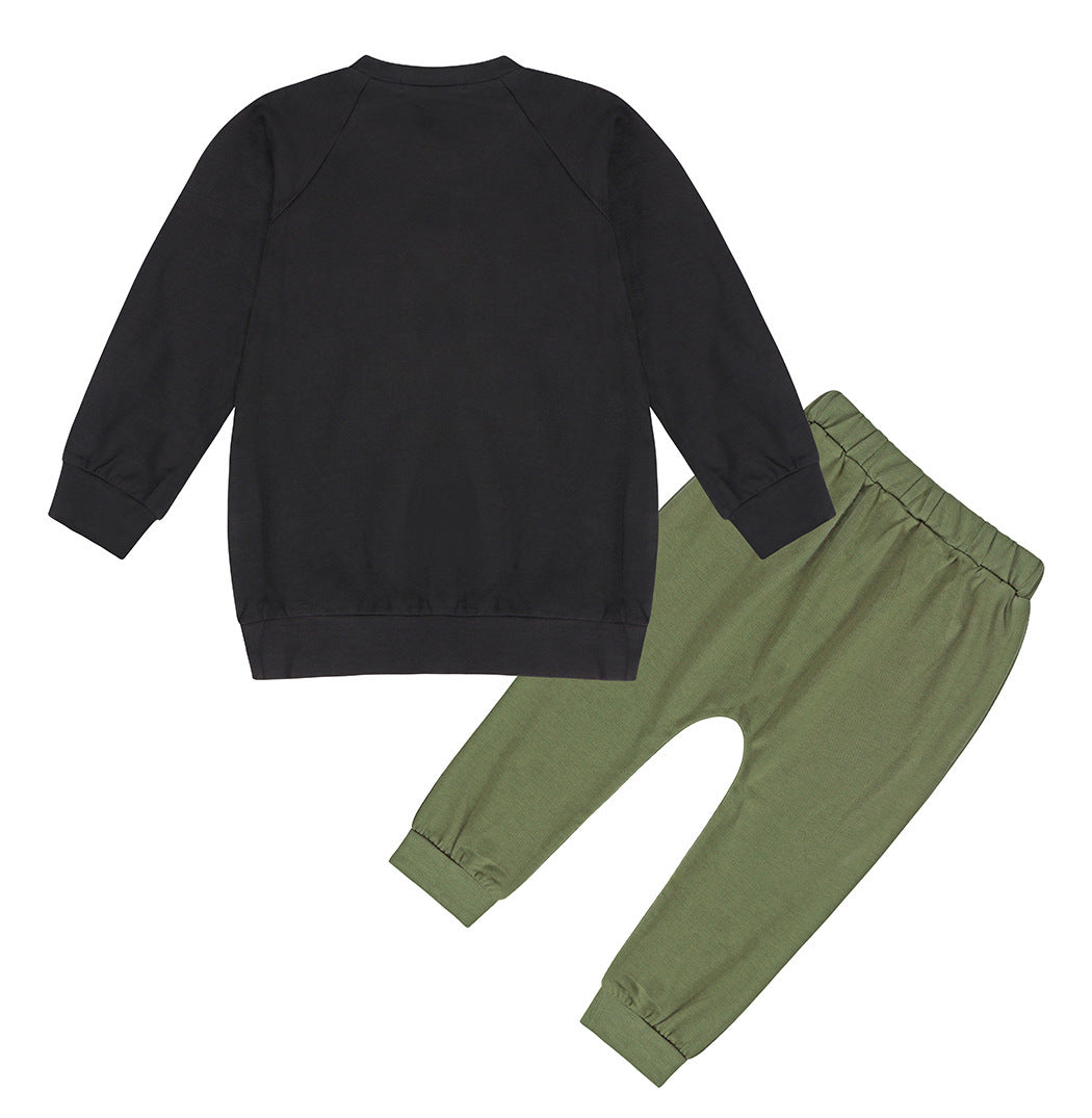Autumn Boy Letter Print Sweatshirt Army Green Trousers Suit