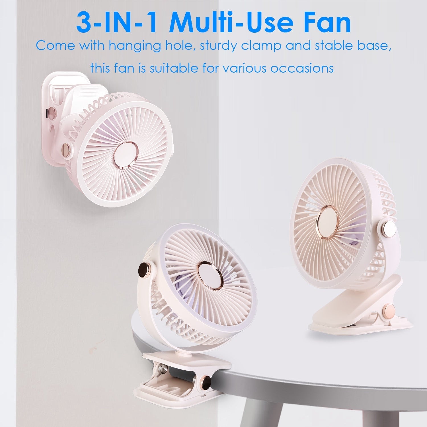 3 Color Options -- 1Pc Portable Quiet Clip On Fan With 5 Speeds 3 Brightness 720 Degree Fully Adjustable Angle Type-C Rechargeable Clip Desk Wall Mounted Fan For Camping Office Home Dorm Stroller Car