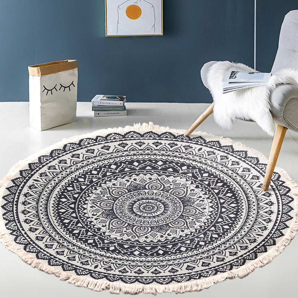 Cotton Linen Vintage Bedroom Fringe Print Round Rug
