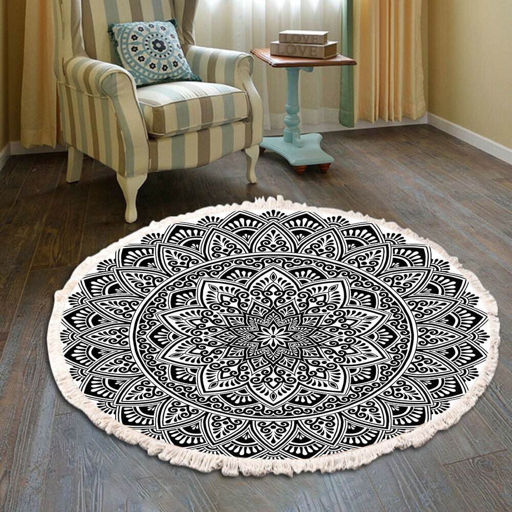 Cotton Linen Vintage Bedroom Fringe Print Round Rug