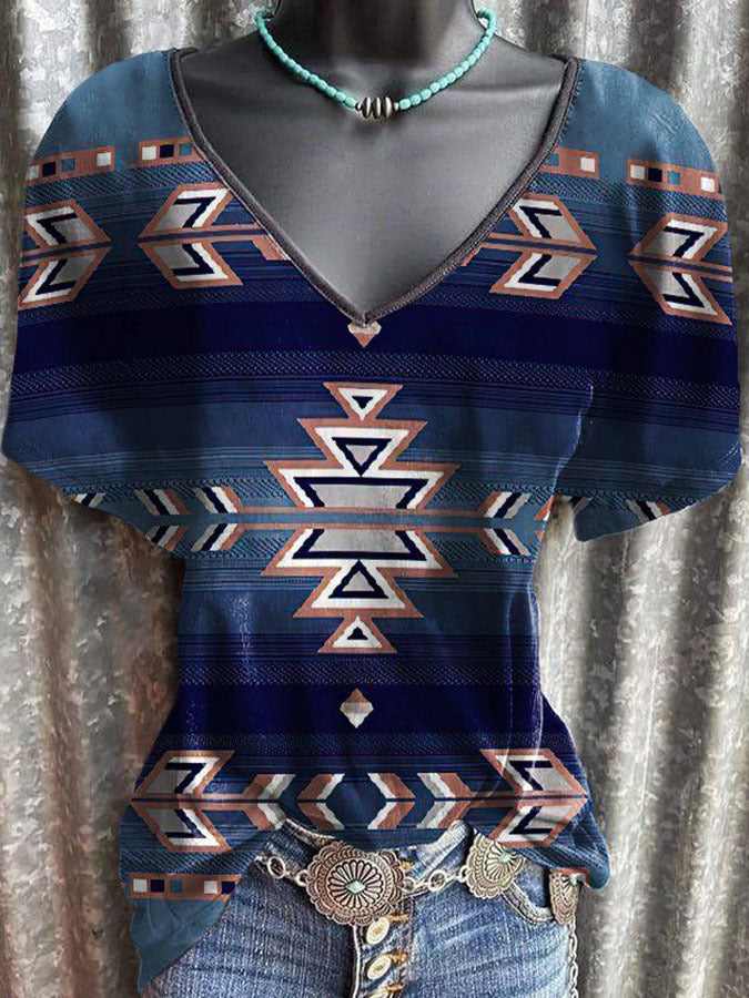 Women's Bohemian Print V-Neck Casual Short Sleeve T-Shirt