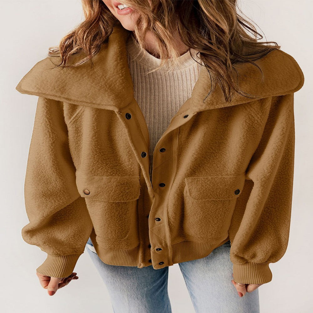 Casual Cardigan Breasted Jacket Women's Warm Plush Long Sleeve Jacket