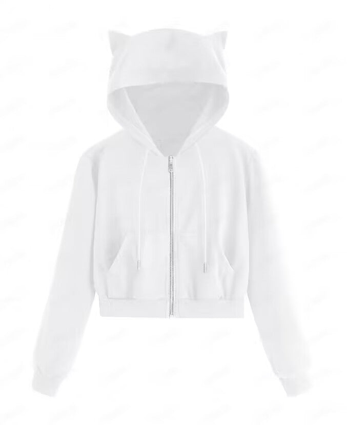 Sweater Rabbit Ears Zipper Hooded Rope