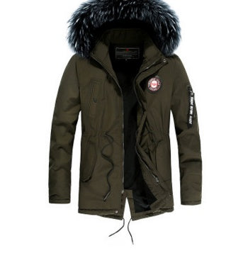 Winter new warm casual men's cotton coat thick long hair fur collar coat