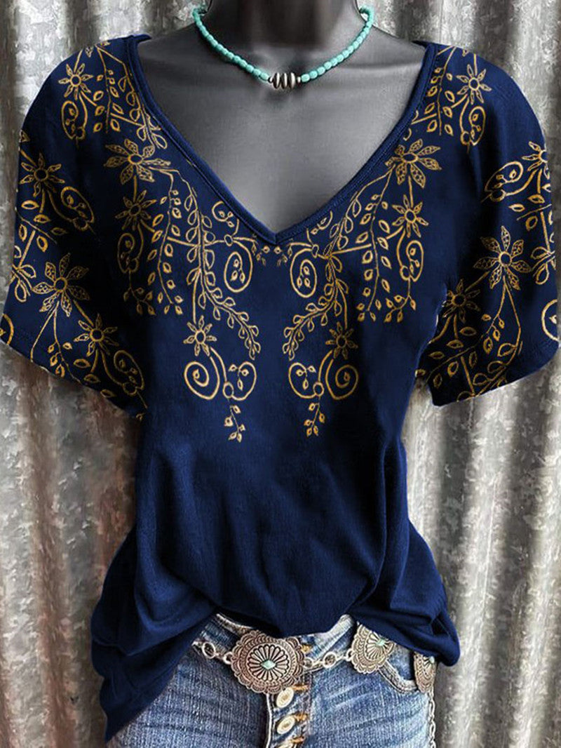 Women's Bohemian Print V-Neck Casual Short Sleeve T-Shirt