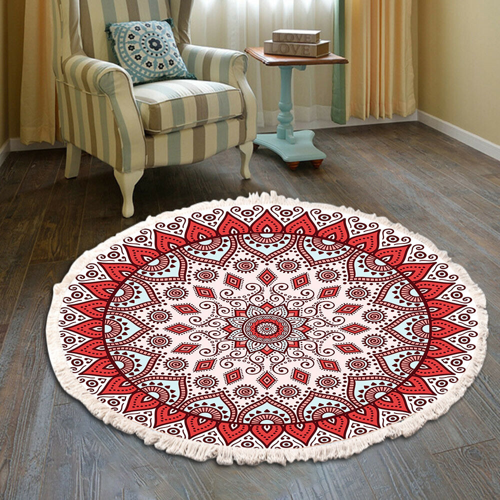 Cotton Linen Vintage Bedroom Fringe Print Round Rug
