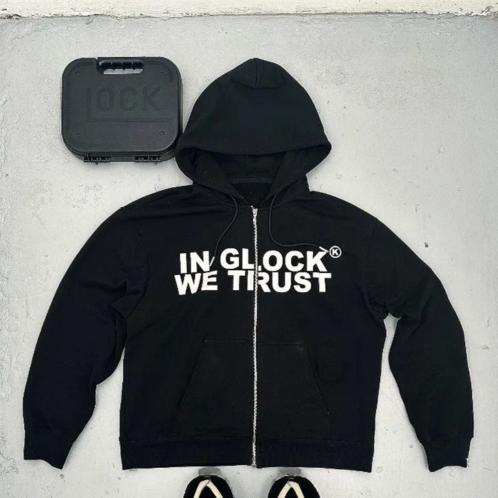 Letter Print Hooded Zipper Sweatshirt Long Sleeve Coat Cardigan