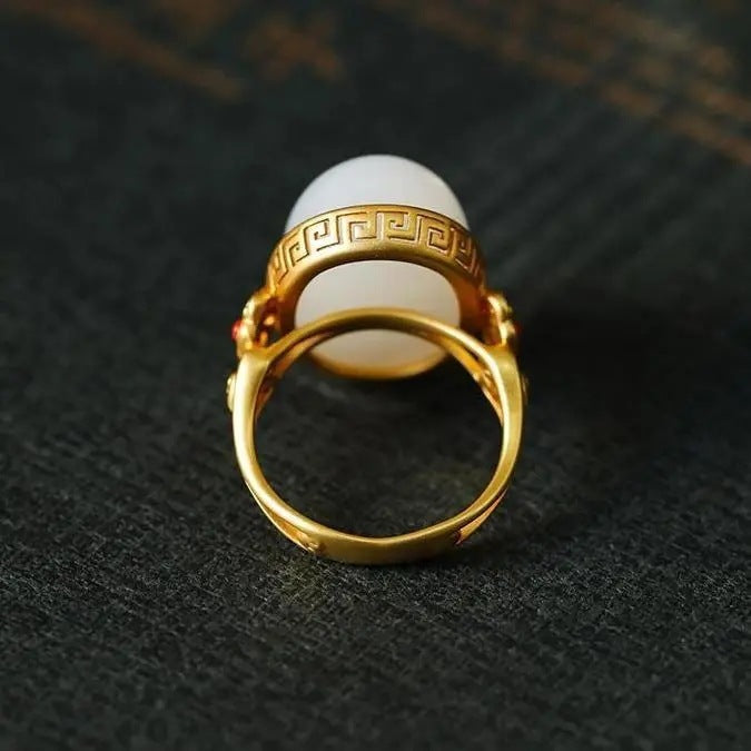 Hetian White Jade Oval Ring Gilding