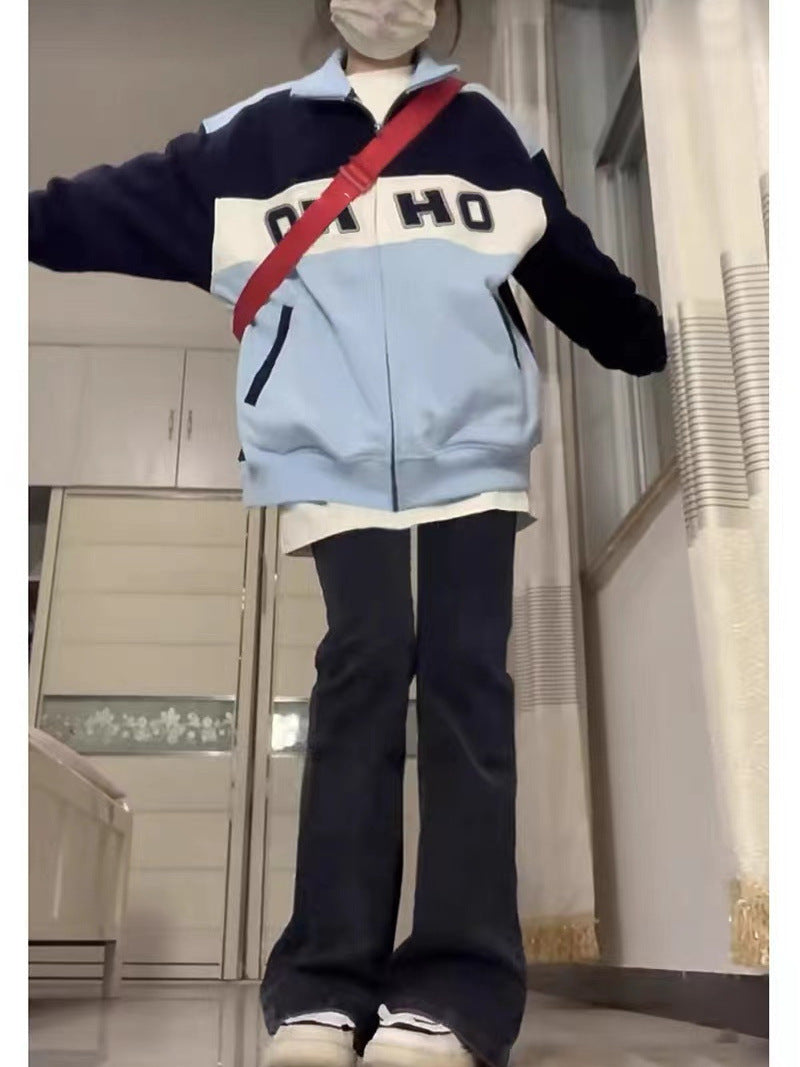 American Retro Contrast Color Sweatshirt Women's Spring And Autumn Fleece Thick Loose