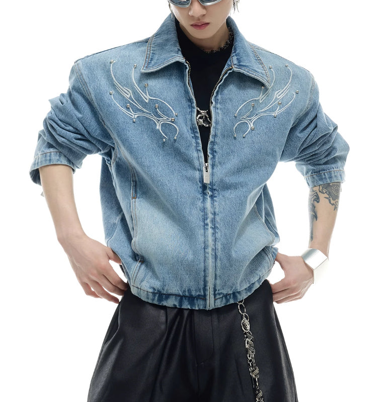 Heavy Retro Washed Rivet Backbone Denim Coat
