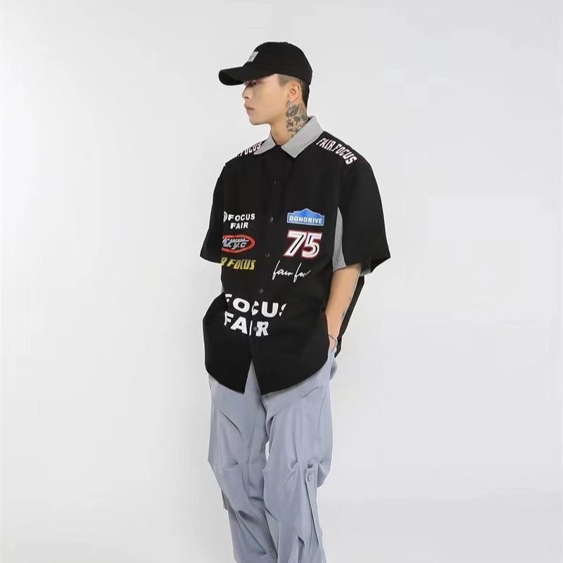 American Retro Heavy Industry Color Matching Racing Style Short Sleeve Shirt