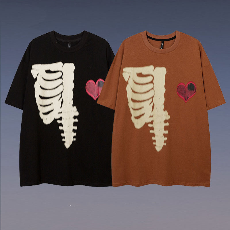 Skull Graffiti Dark Street Loose Brown Print Short Sleeve
