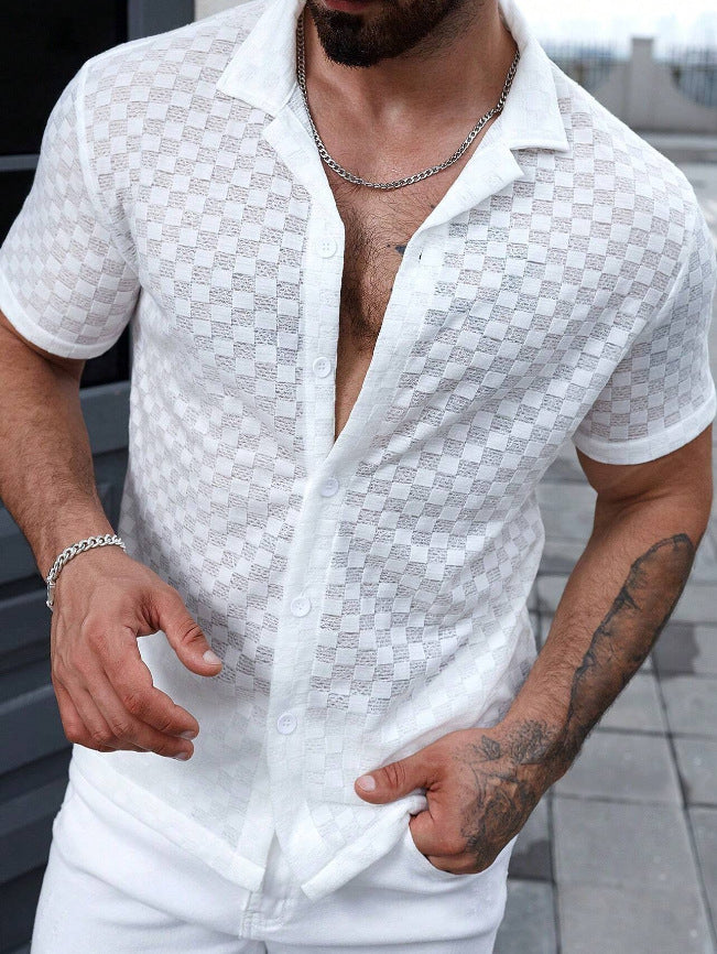 Men's Solid Color Lace Hollow Comfort Casual Shirt