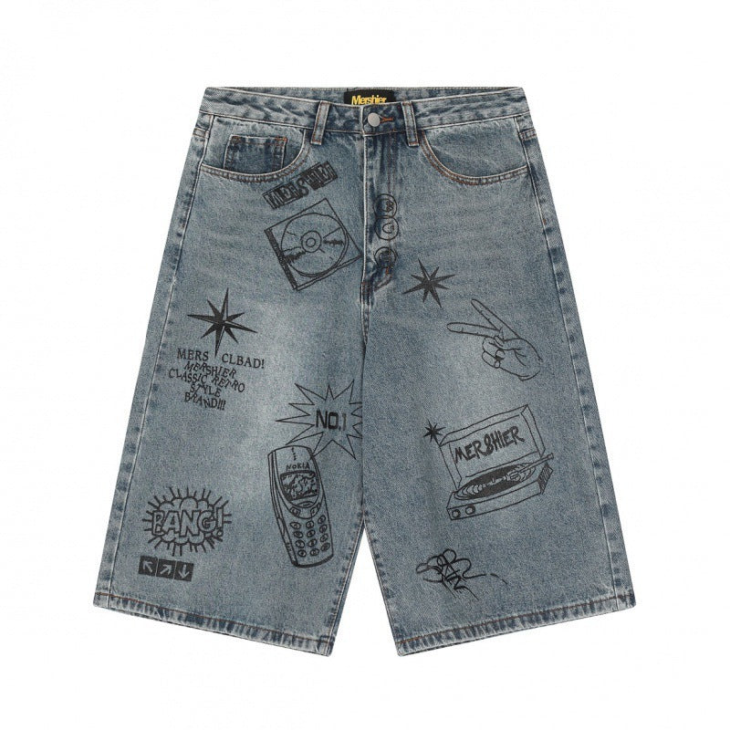 American Street Graffiti Printing Denim Middle Pants